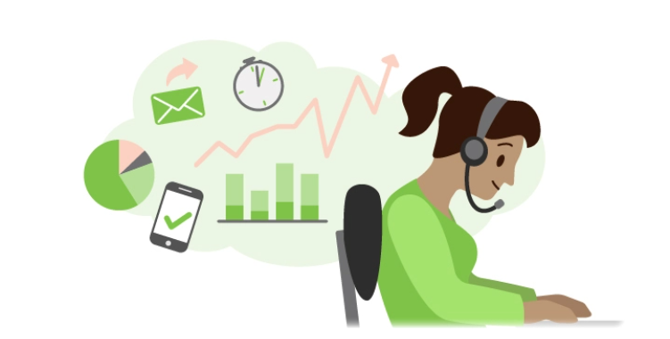 a woman working with a headset on with a cloud of productivity symbols behind her