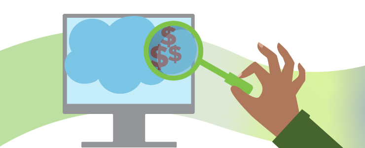Hand holding magnifying glass to find hidden costs with Salesforce.