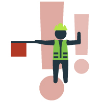 A construction worker holds a red flag in front of 2 large red semi-transparent exclamation points